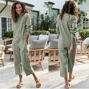 Frank & Eileen Jumpsuit Northern Ireland Raw-Hem Utility Cotton Flax Sage L EUC
